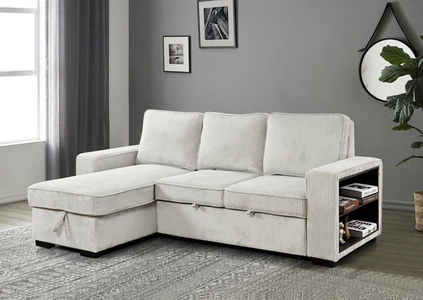 English Elm Modern Pull Out Sofa Bed with Storage Chaise, Convertible L-Shaped Sectional with USB Port and Cup Holder for Living Room — Comfortable Sleeper for Guests Beige W1417S00117