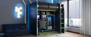 English Elm Full Size Loft Bed with Rgb Lighting Desk Open Wardrobe and Storage for Gaming Rooms Blue LT000277AAC