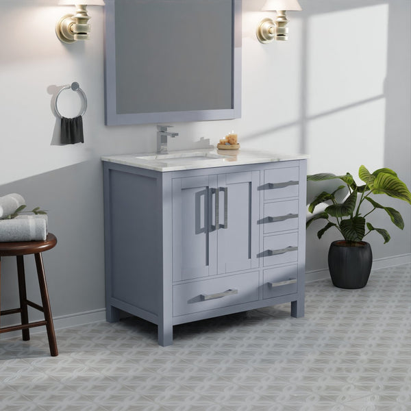 English Elm Dark Grey Bath Vanity Set With Carrara Marble Top, Chrome Faucet & Coordinated 34" Mirror Included B2731S01260