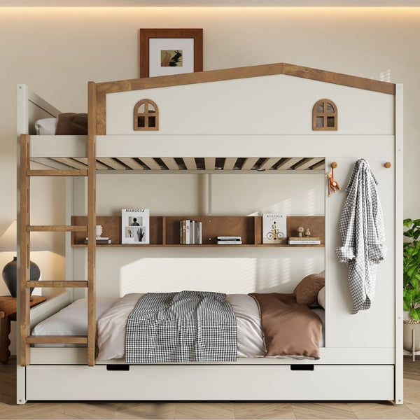 English Elm Twin Xl Solid Pine Loft Bed with Built-in Led Lighting and Storage Shelves W1580S00392