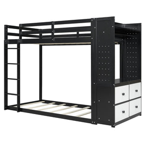 English Elm Twin Bunk Bed with Storage Drawers Hanging Rail Led Shelves and Pegboard Organizer Black LT000282AAB