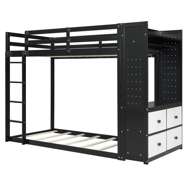 English Elm Twin Bunk Bed with Storage Drawers Hanging Rail Led Shelves and Pegboard Organizer Black LT000282AAB