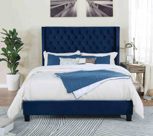 English Elm Modern Wingback Eastern King Bed Velvet Upholstered Tufted Headboard Bedroom Frame Navy B2741S00849