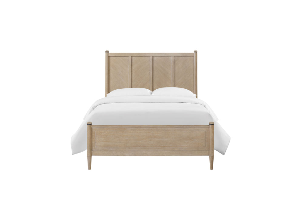 English Elm King Lo-Post Bed Sand Finish — King-Sized Transitional Design with Herringbone Headboard, Mindi Veneer B2699S00019
