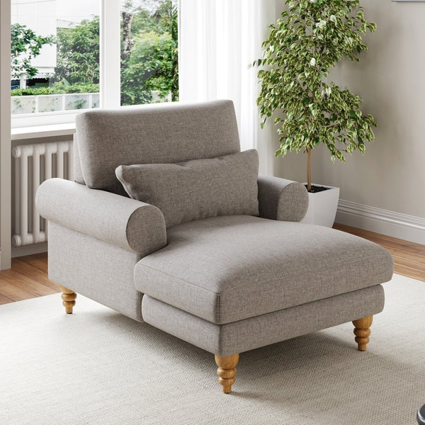 English Elm Upholstered Chaise Lounge Rolled Arms Reclining Back Foam Cushion Elegant Wood Feet Light Gray T3623P411642
