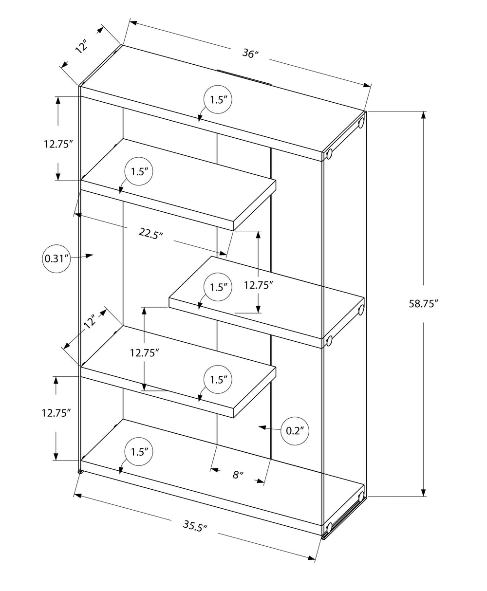 English Elm Bookshelf, 5-Tier Glossy Laminate & Tempered Glass Etagere with Chrome Accents for Small Spaces White 63 L x 15 W x 9 H B2710P219252