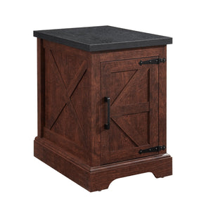 English Elm Farmhouse Rustic End Table with Barn Door Concealed Storage, Metal Handle, Retro Decor, Sturdy Base Oak W2275P192794