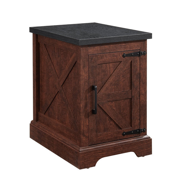 English Elm Farmhouse Rustic End Table with Barn Door Concealed Storage, Metal Handle, Retro Decor, Sturdy Base Oak W2275P192794