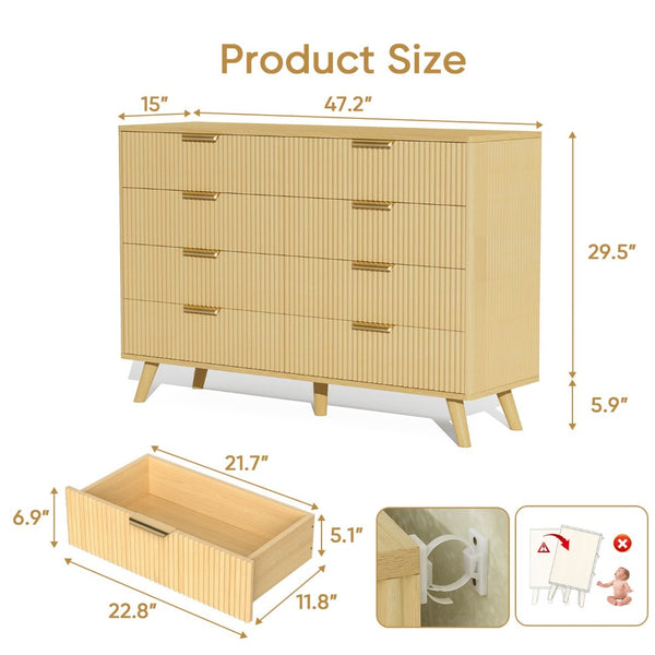 English Elm 6 Drawer Fluted Wood Dresser Natural Finish Compact Chest for Nursery or Bedroom Natural T3773P415554