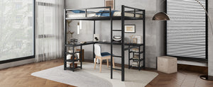 English Elm Full Metal Loft Bed With Desk & Shelves - Space-Saving Design, Safety Guardrails, Modern Black Frame W1580S00049