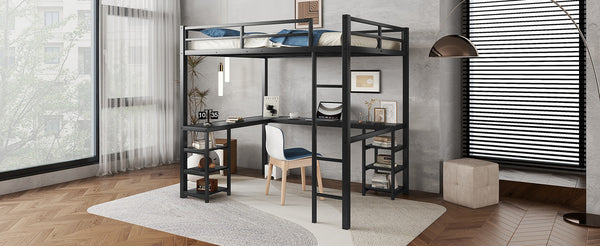 English Elm Full Metal Loft Bed With Desk & Shelves - Space-Saving Design, Safety Guardrails, Modern Black Frame W1580S00049