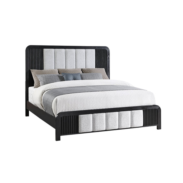English Elm Beverly Black and White 5PC Bedroom Set — Fluted Solid Wood Design, Upholstered Low-Profile Bed, LED Lights, Spacious Drawers, Speaker Nightstand Queen Standard B201S00419