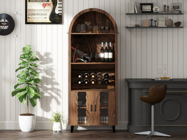 English Elm 71"Farmhouse Arched Wine Bar Cabinet with 15 Bottle Racks, 16 Glass Holders, Anti-Tip Safety for Living/Dining Brown Oak W2977P338256