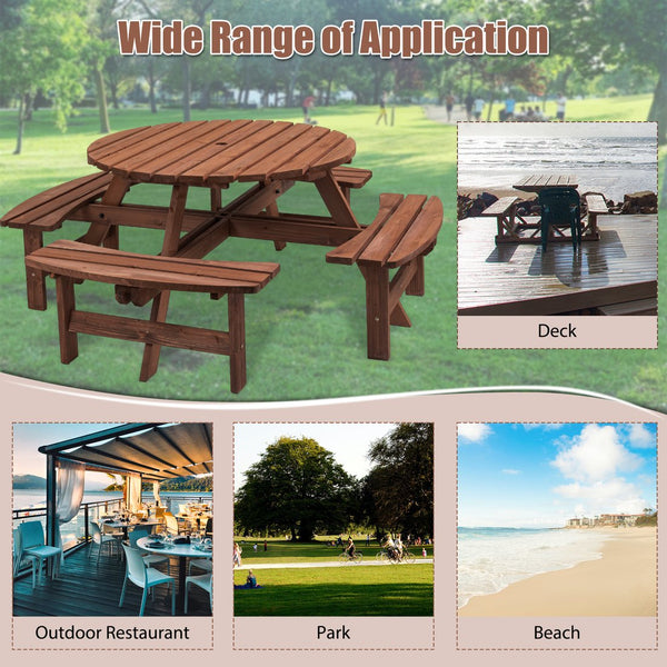 English Elm 8 Person Wooden Picnic Table with 4 Benches, Natural Outdoor Round Dining Set, 2220lb Total Capacity W1422P338263