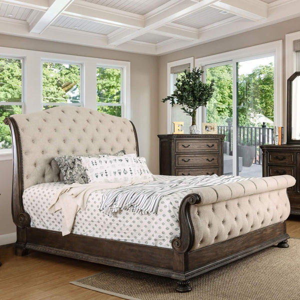 English Elm Rustic Solid Wood Queen Sleigh Bed with Button Tufted Beige Linen Upholstered Frame B2741S00864