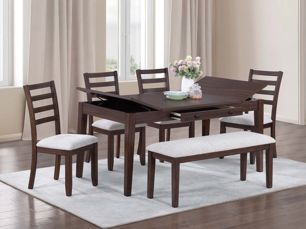 English Elm Contemporary 6Pc Walnut Dining Set With Storage Table, 4 Ladder-Back Chairs & Bench For Family Meals B011S01896