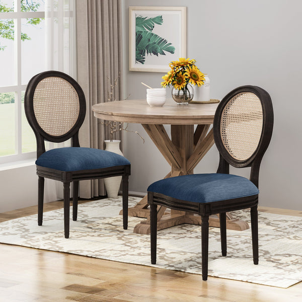 English Elm Christopher Knight Home® - DININGCHAIR Handcrafted Wicker & Fabric Dining Chair Set with Padded Seat, Rubberwood Frame Elegance Navy Blue 65164.00NBLU