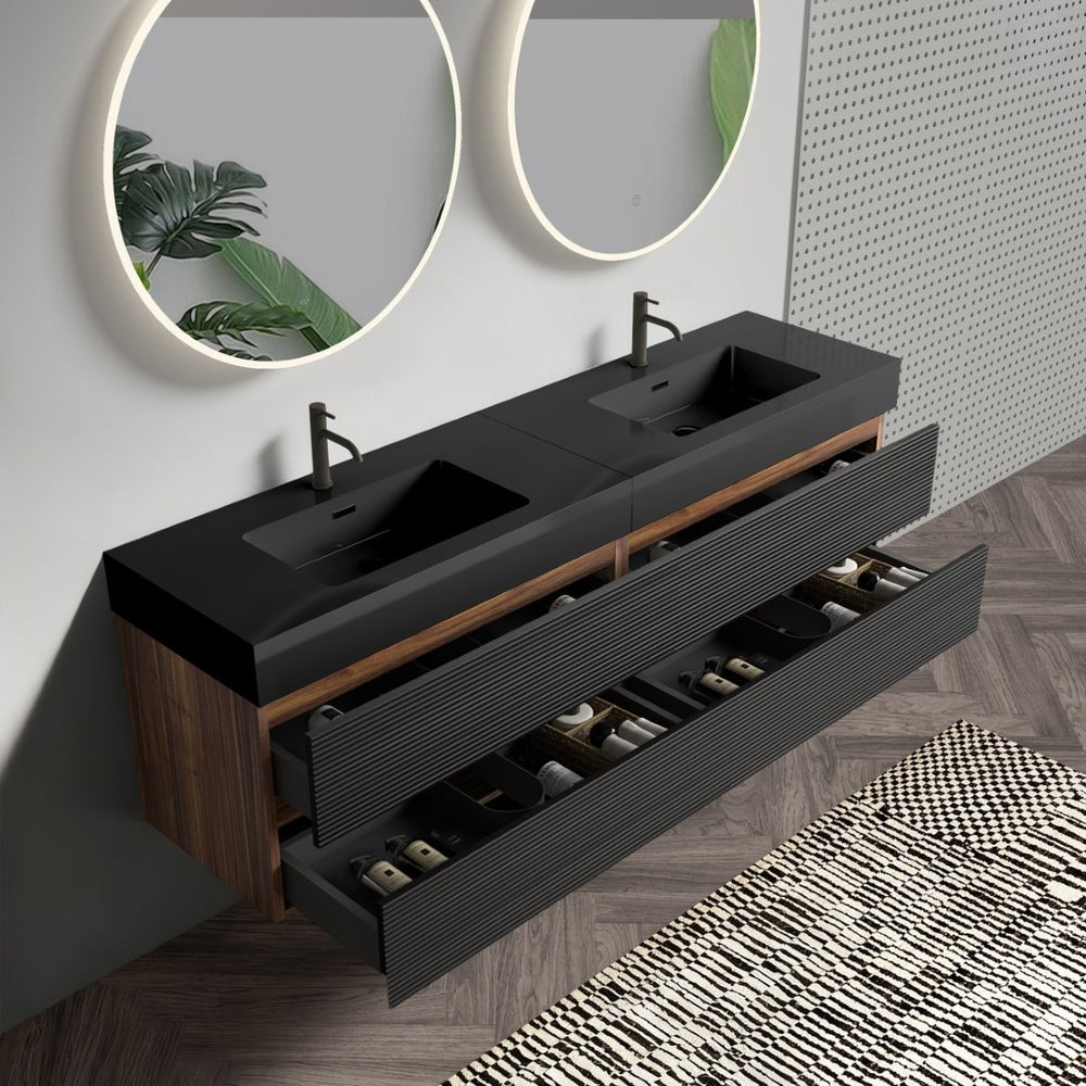 English Elm Galan 72 Inch Double Sink Vanity Fluted Wood Quartz Top Freestanding Bathroom Cabinet W1865S00173