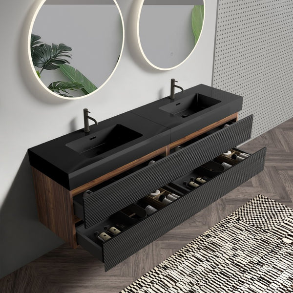 English Elm Galan 72 Inch Double Sink Vanity Fluted Wood Quartz Top Freestanding Bathroom Cabinet W1865S00173