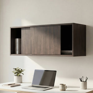 English Elm Note Floating Wall Cabinet with Sliding Doors Slim Mounted Storage for Any Room Dark Walnut B070P462898