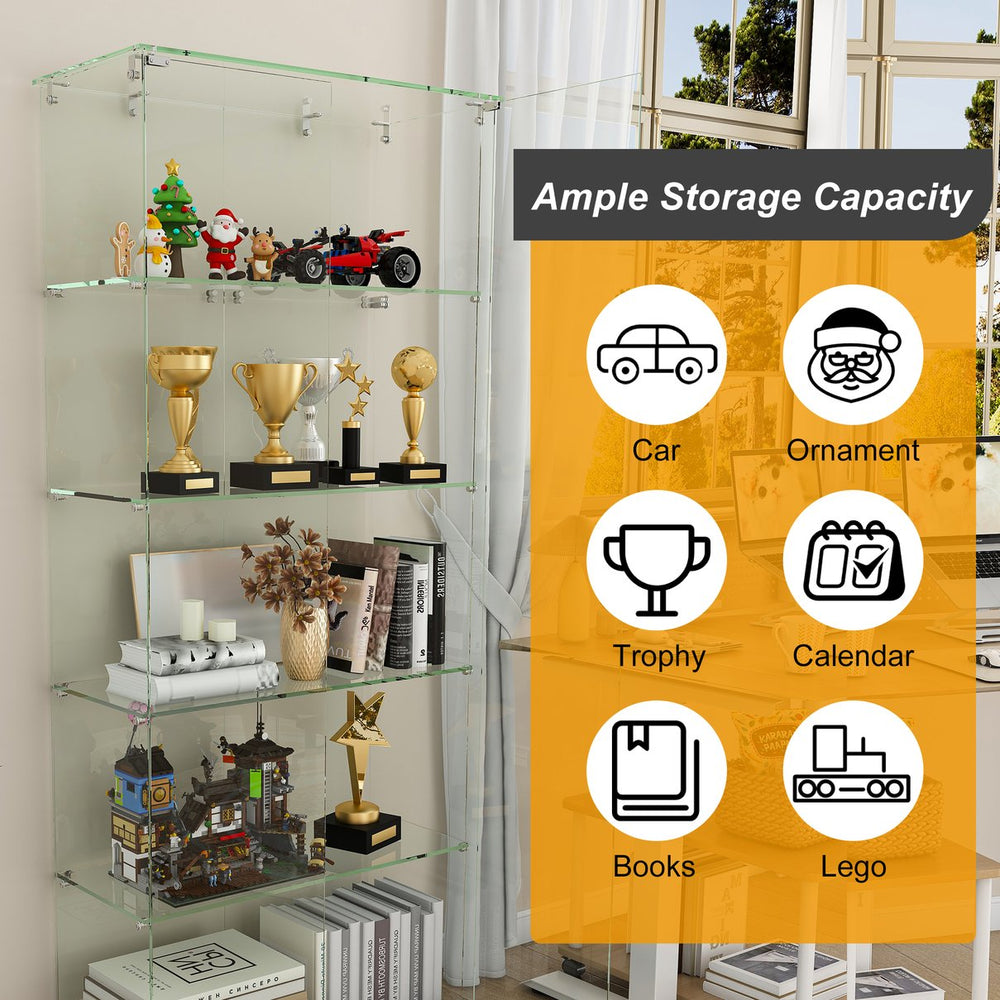 English Elm 5-Tier Glass Display Cabinet with 5 LED Modes, Tempered Glass, Double Doors, Sturdy Steel Hardware W2700P353067