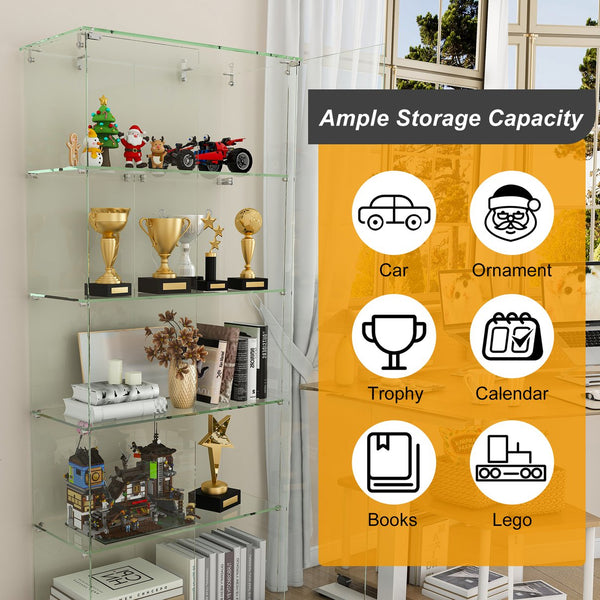 English Elm 5-Tier Glass Display Cabinet with 5 LED Modes, Tempered Glass, Double Doors, Sturdy Steel Hardware W2700P353067