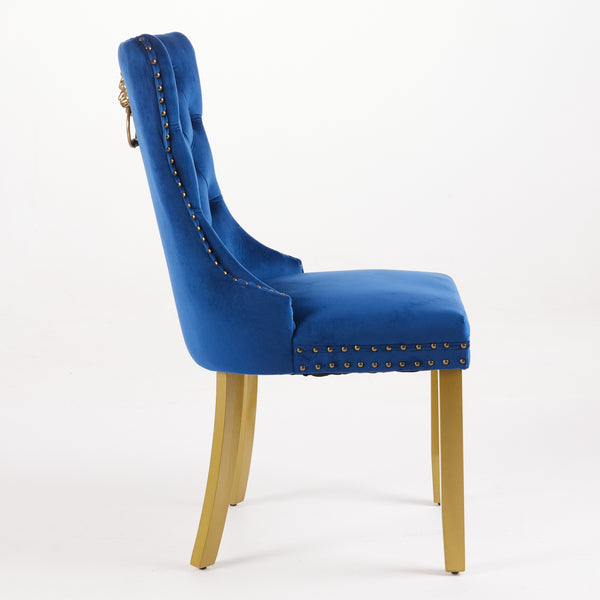 English Elm Mid-Century Tufted Velvet Dining Chair with Lion Head Ring, Nailhead Trim, Solid Wood Legs Blue W1143P193169