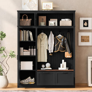 English Elm 3-in-1 Entryway Hall Tree with Cabinet Hooks Bench Drawers and Adjustable Shelving Black SJ000160AAB