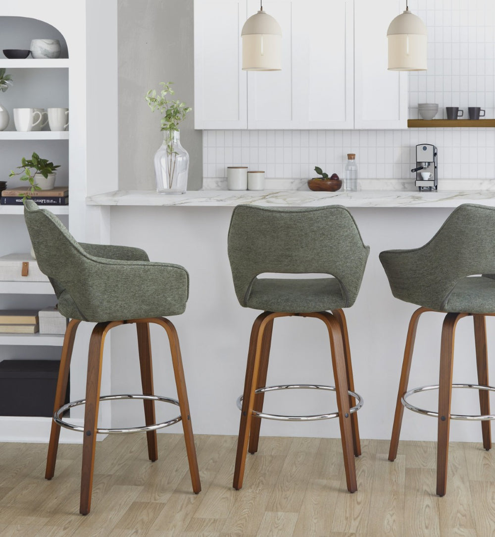 English Elm Fixed-height Swivel Barstools Mid-century Walnut Bentwood Frame Grey Upholstered Set B202S01927