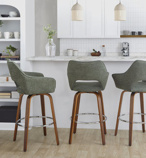 English Elm Fixed-height Swivel Barstools Mid-century Walnut Bentwood Frame Grey Upholstered Set B202S01927
