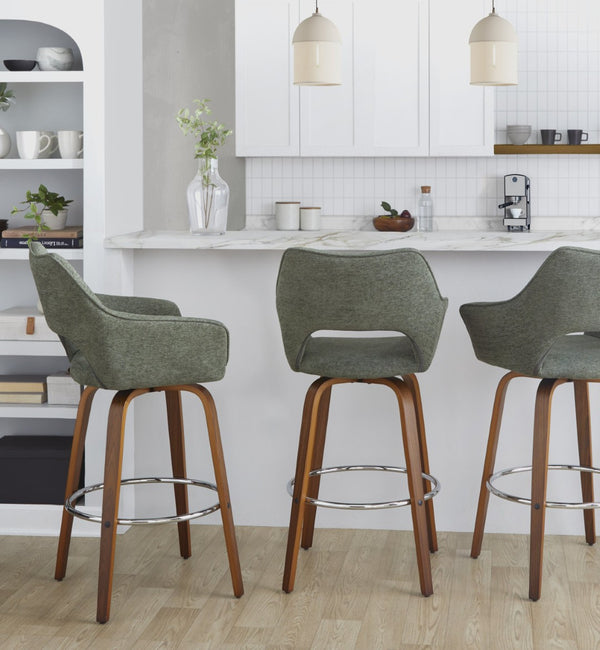 English Elm Fixed-height Swivel Barstools Mid-century Walnut Bentwood Frame Grey Upholstered Set B202S01927