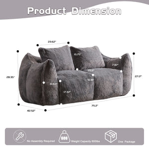 English Elm Giant Ultra Soft Fluffy Loveseat Bean Bag Sofa for Adults, Oversized Shredded Foam Couch with Pillows Grey W3723P353893