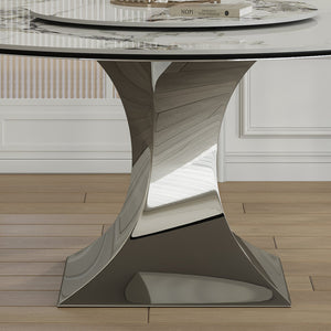 English Elm 59" 59" Round Sintered Stone Dining Table with Gold Hourglass Base, Marble-Look, Scratch & Heat Resistant Black White W2700S00049