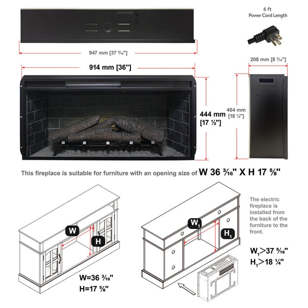 English Elm 36 Inch Infrared Quartz Fireplace Insert with Trim Kit 3d Ember Bed Touch Control W1769P405042