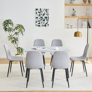 English Elm Table and Chair Set Marble Look Glass Top with Six Linen Seats for Modern Dining W1151S04627