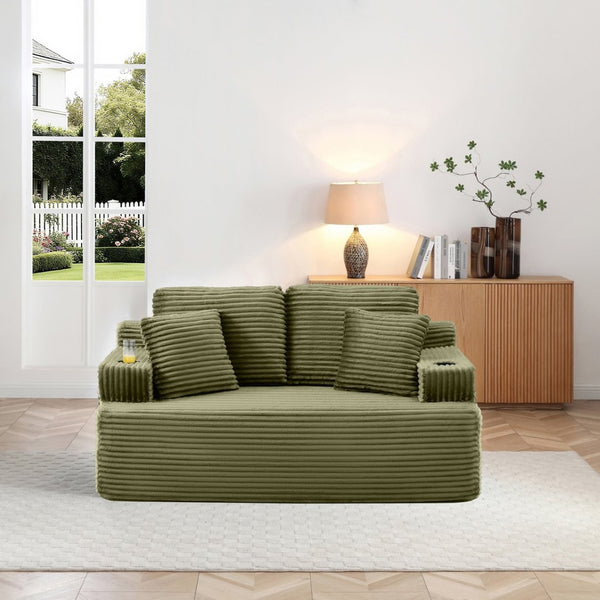 English Elm Boneless Floor Sofa Corduroy Upholstered 5 Seat Low Profile with Cup Holders for Living Room Green W1117S00434