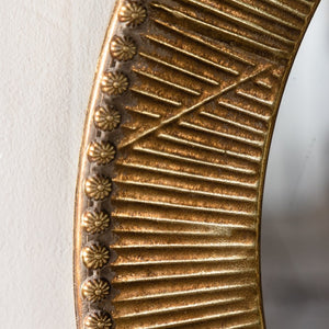 English Elm 31.3" Gold Iron Round Mirror Ribbed Texture Rivets Bohemian Accent for Bedroom W3158P407140