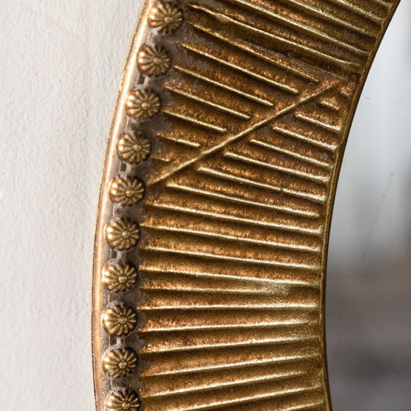 English Elm 31.3" Gold Iron Round Mirror Ribbed Texture Rivets Bohemian Accent for Bedroom W3158P407140