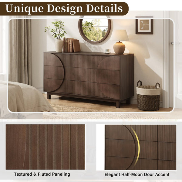 English Elm Modern Fluted 6 Drawer Dresser with Solid Wood Legs Japandi Chest for Bedroom Dark Brown N739S0000015D