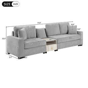 English Elm Modern Chenille Three Seat Sofa with Console Storage Armrest for Living Room Grey N763S000060E