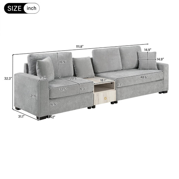 English Elm Modern Chenille Three Seat Sofa with Console Storage Armrest for Living Room Grey N763S000060E