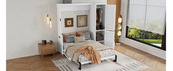 English Elm Queen Murphy Wall Bed with Integrated Desk Gas Strut Lift White Cabinet for Small Spaces W504S00271