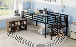 English Elm Twin Metal Loft Bed with Stairs and Six Storage Cubbies, Sturdy Metal Slat Support, Safe Low Design for Kids Black 75.2 L x 17.72 W x 9.45 H W2593P305749