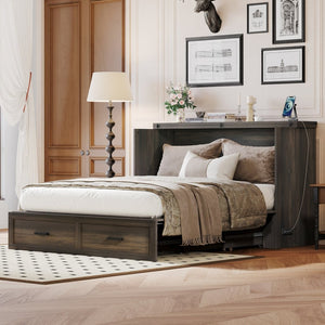 English Elm Queen Farmhouse Murphy Cabinet Bed with Charging Station and Storage Drawer Gray N733S361778G