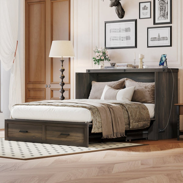 English Elm Queen Farmhouse Murphy Cabinet Bed with Charging Station and Storage Drawer Gray N733S361778G