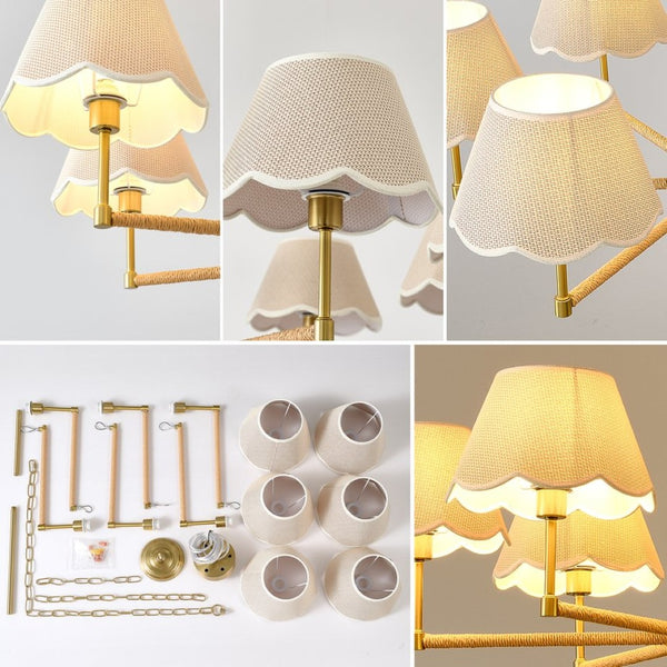 English Elm 8-light Gold Rope Wrapped Fabric Shade Chandelier for Dining and Living Rooms W5008P391565