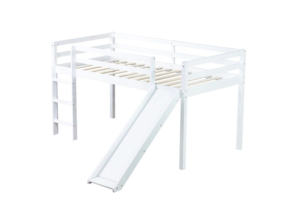English Elm Twin Low Loft Bed with Slide and Ladder for Kids, Rubberwood Frame, Safety Guardrails & Playspace White W504P218525