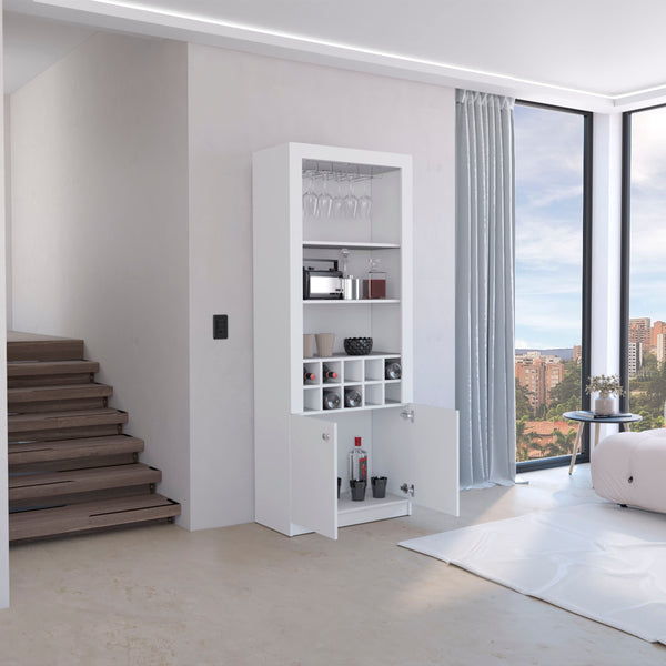 English Elm Cabinet White 4-Tier Wine & Liquor Storage with Stemware Rack, 15-Bottle Racks, 10 Cubbies, 74.8" B097P221379