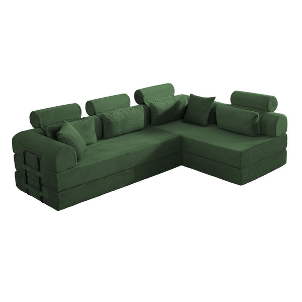 English Elm L Shaped Corduroy Sectional Sofa Converts to Sleeper Bed Space Saving Modular Couch Green W5532S00005
