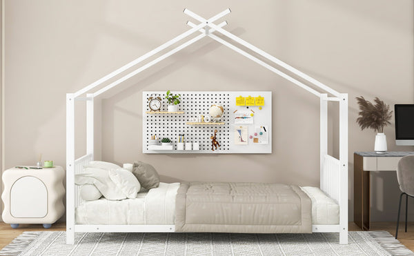 English Elm Twin Metal House Platform Bed with Slat Kit for Kids Sleepovers Sturdy Frame Elegant Silhouette 63.8"H White MF322835AAK